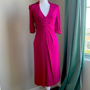 Karen Millen England Fuschia V-Neck Collared Midi Jersey Dress Size 6 US